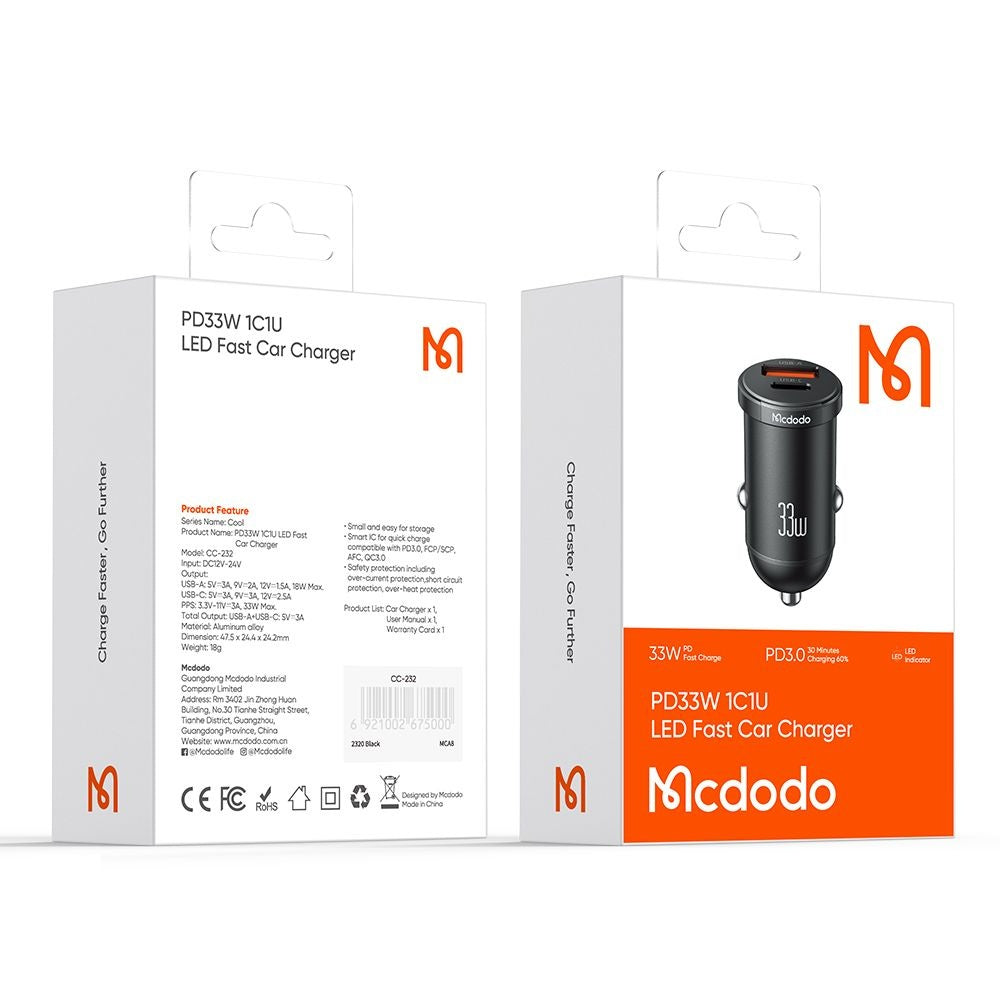 Автомобилен заряден уред McDodo CC-2320 Cool, 33W, 3A, 1 x USB-A - 1 x USB-C, Черен