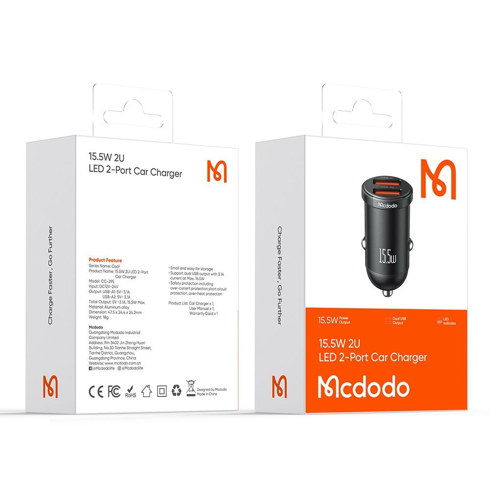 Автомобилен заряден уред McDodo CC-2950 Cool, 15.5W, 3.1A, 2 x USB-A, Черен