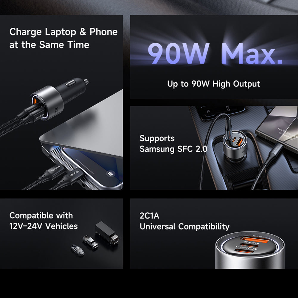 Автомобилен зарядно McDodo CC-3110 Gana, 90W, 3A, 1 x USB-A - 2 x USB-C, Черен