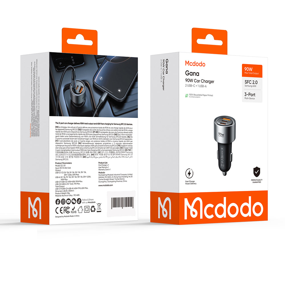 Автомобилен зарядно McDodo CC-3110 Gana, 90W, 3A, 1 x USB-A - 2 x USB-C, Черен