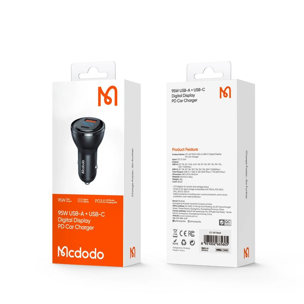 Автомобилен заряден уред McDodo CC-5670 Display, 95W, 5A, 1 x USB-A - 1 x USB-C, Черен