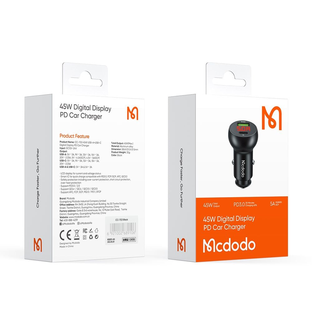 Автомобилен заряден уред McDodo CC-7030 Display, 45W, 5A, 1 x USB-A - 1 x USB-C, Черен