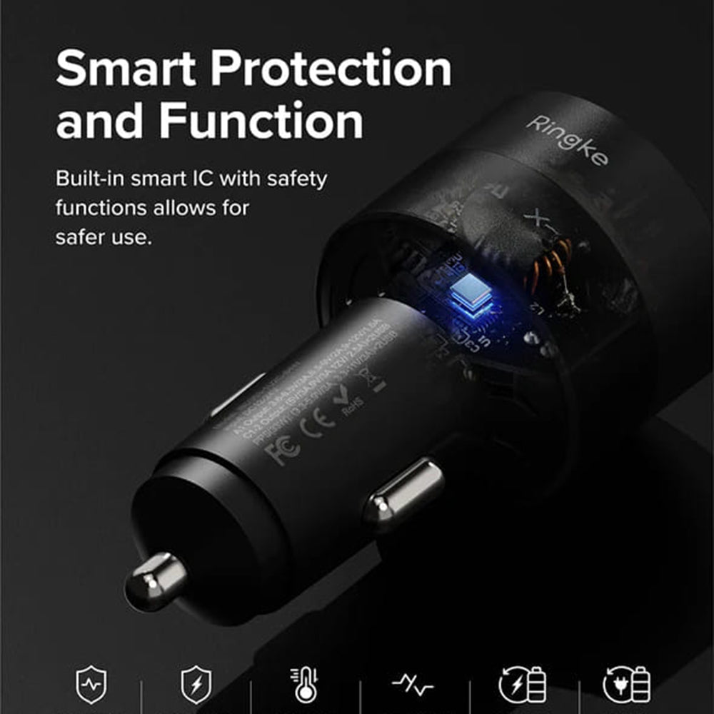Автомобилен заряден уред Ringke, 30W, 3A, 1 x USB-A - 2 x USB-C, Черен