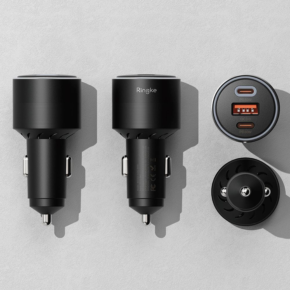 Автомобилен заряден уред Ringke, 30W, 3A, 1 x USB-A - 2 x USB-C, Черен