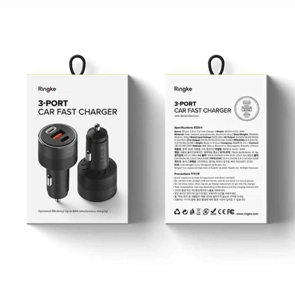Автомобилен заряден уред Ringke, 30W, 3A, 1 x USB-A - 2 x USB-C, Черен