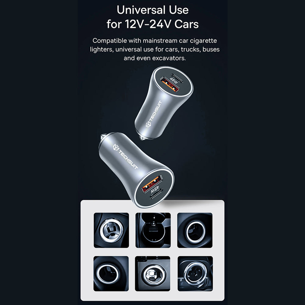 Автомобилен заряден уред Techsuit C3 RescueVolt, 48W, 3A, 1 x USB-A - 1 x USB-C, Сив