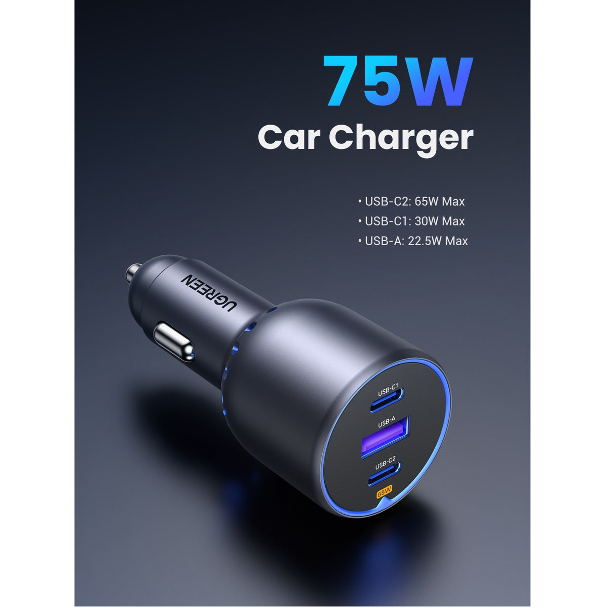 Автомобилен заряден уред UGREEN EC703, 75W, 3.25A, 1 x USB-A - 2 x USB-C, Черен