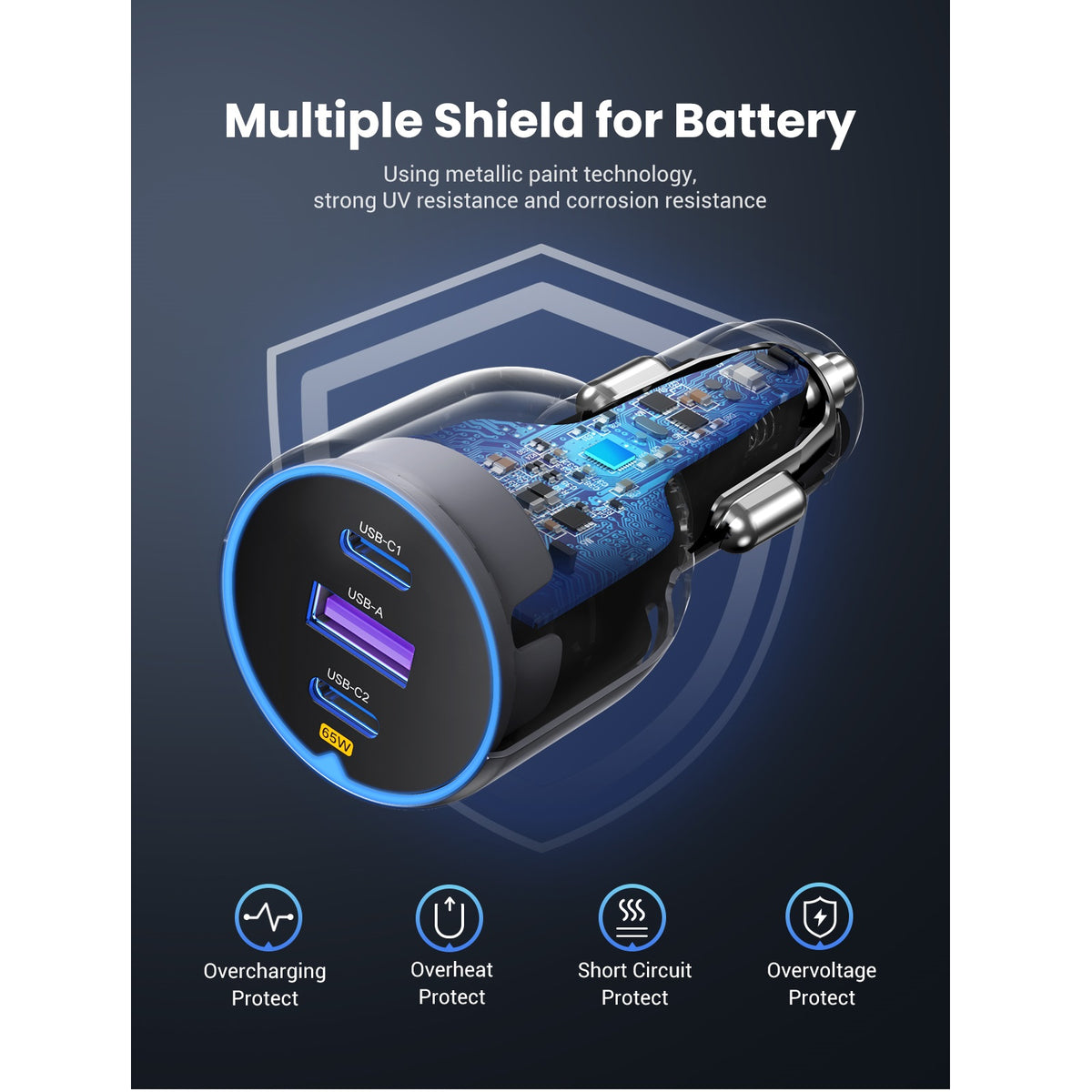 Автомобилен заряден уред UGREEN EC703, 75W, 3.25A, 1 x USB-A - 2 x USB-C, Черен