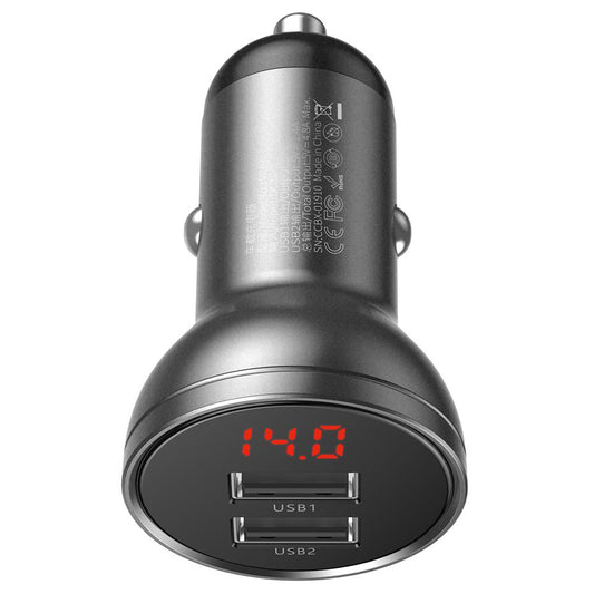 Зарядно устройство за кола с цифров дисплей Baseus, 24W, 2,4A, 2 x USB-A, сиво CCBX-0G