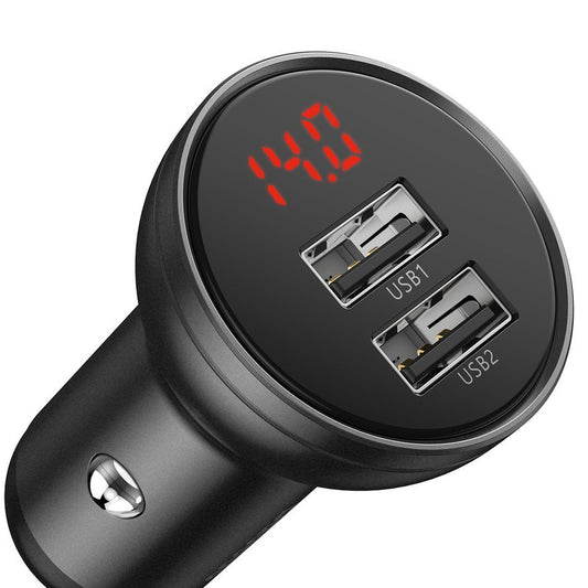 Зарядно устройство за кола с цифров дисплей Baseus, 24W, 2,4A, 2 x USB-A, сиво CCBX-0G