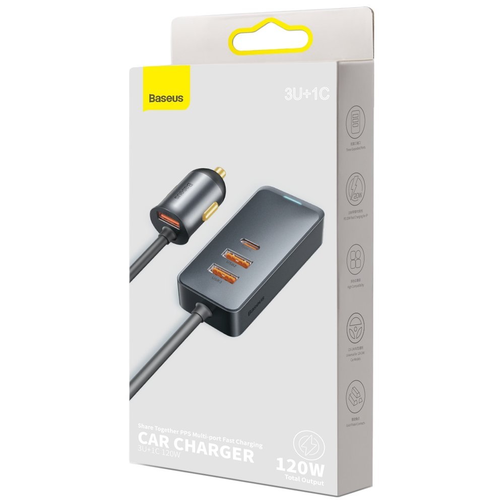 Автомобилно зарядно Baseus Share Together, 120W, 3A, 3 x USB-A - 1 x USB-C, Сиво CCBT-B0G