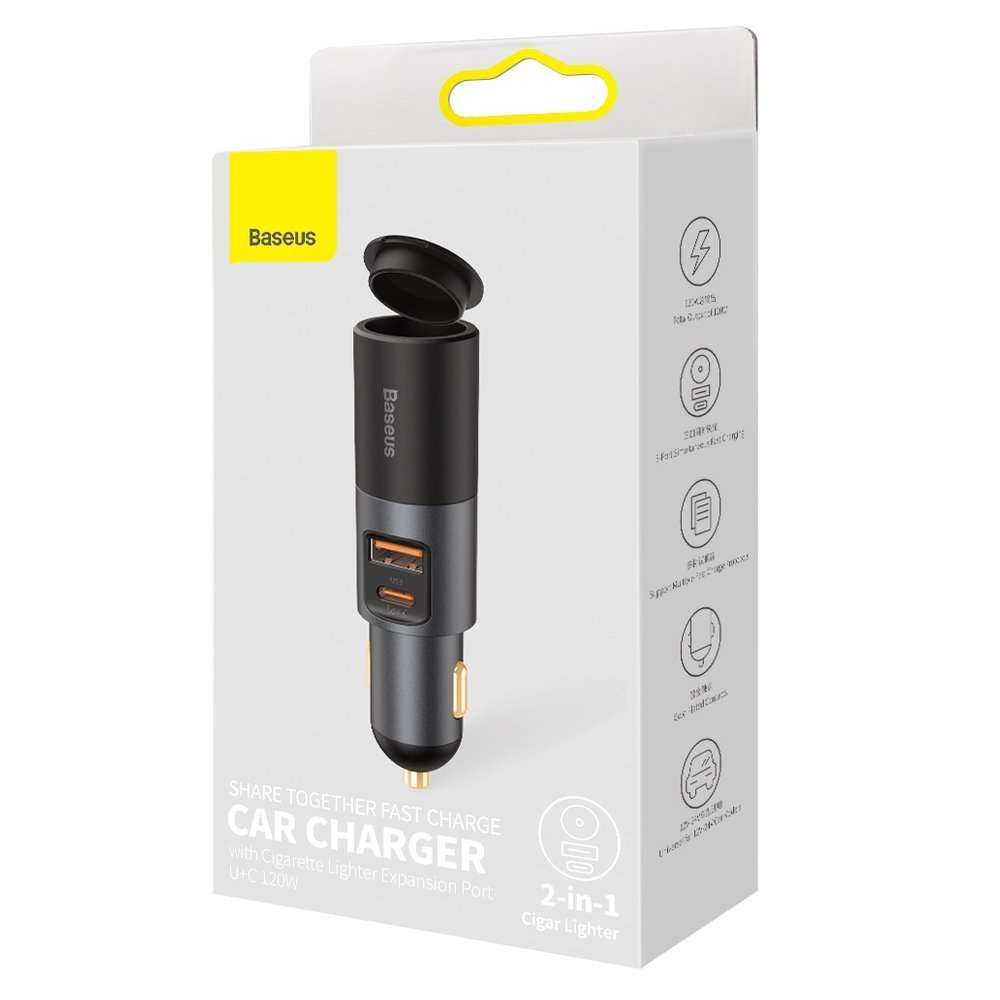 Автомобилен заряден уред Baseus Share Together, 120W, 3A, 1 x USB-A - 1 x USB-C - 1 x Удължител за запалка, Сив CCBT-C0G