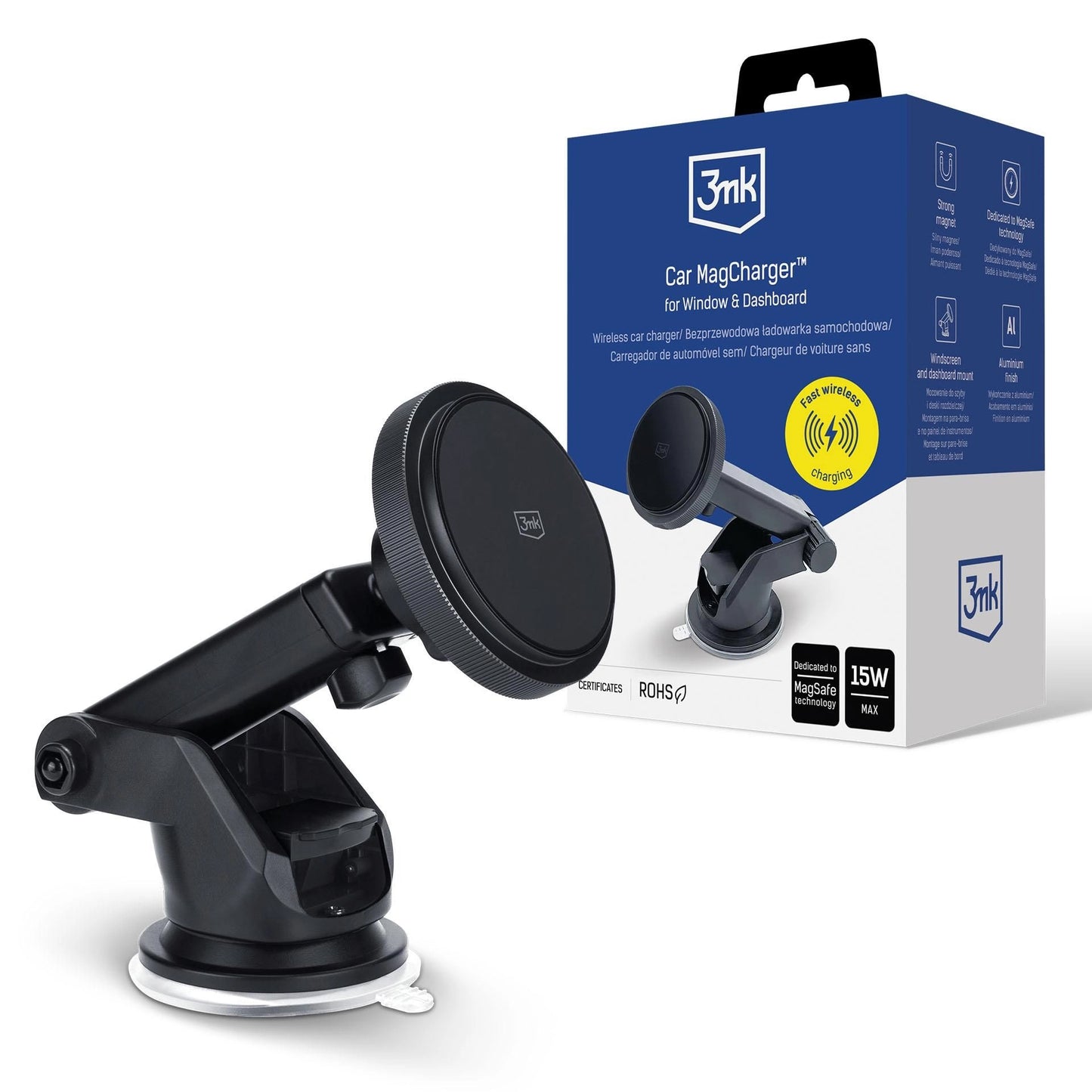 Безжично авто зарядно устройство 3MK MagCharger, 15W, 1.67A, Черно