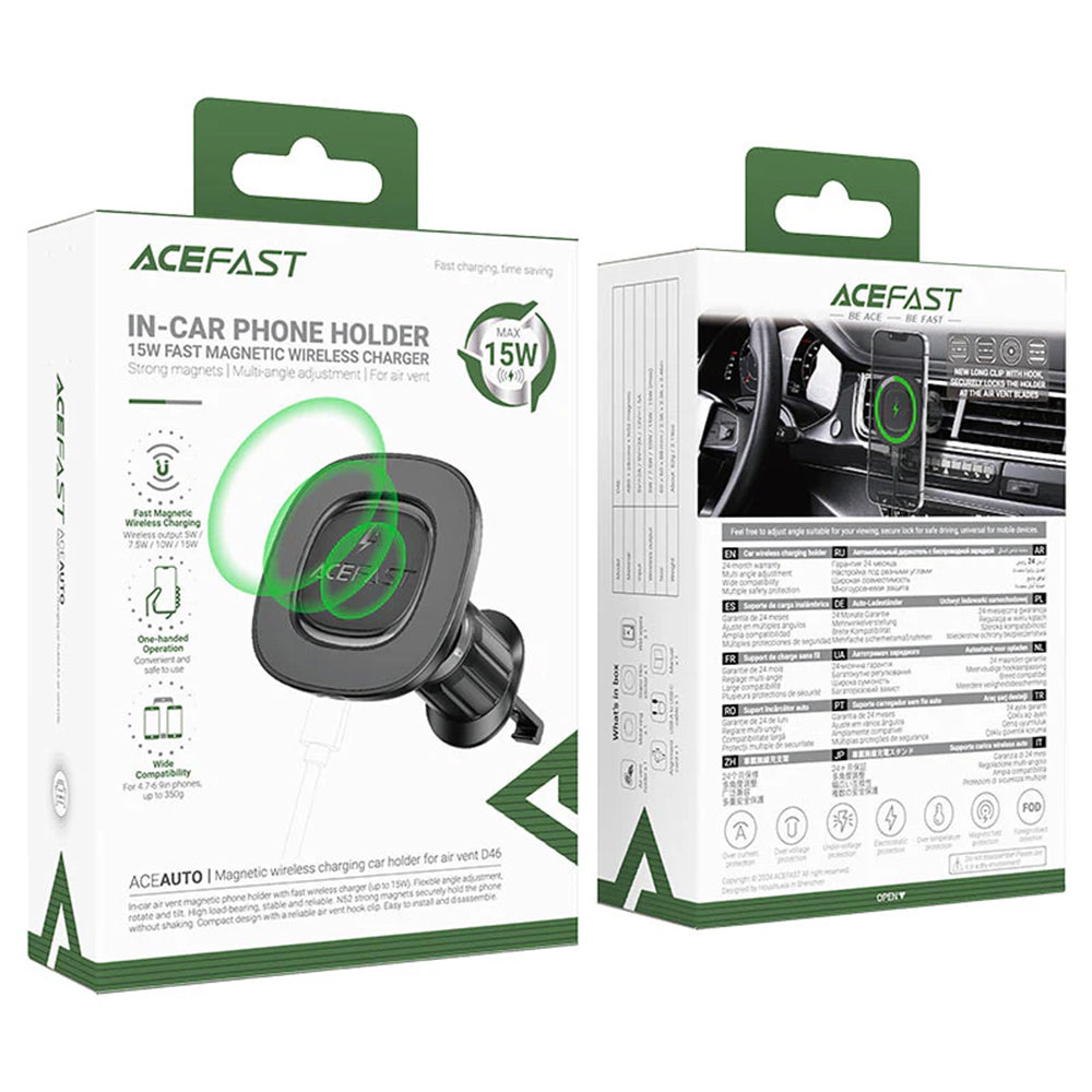 Безжично авто зарядно Acefast D46, 15W, 1.67A, Черно