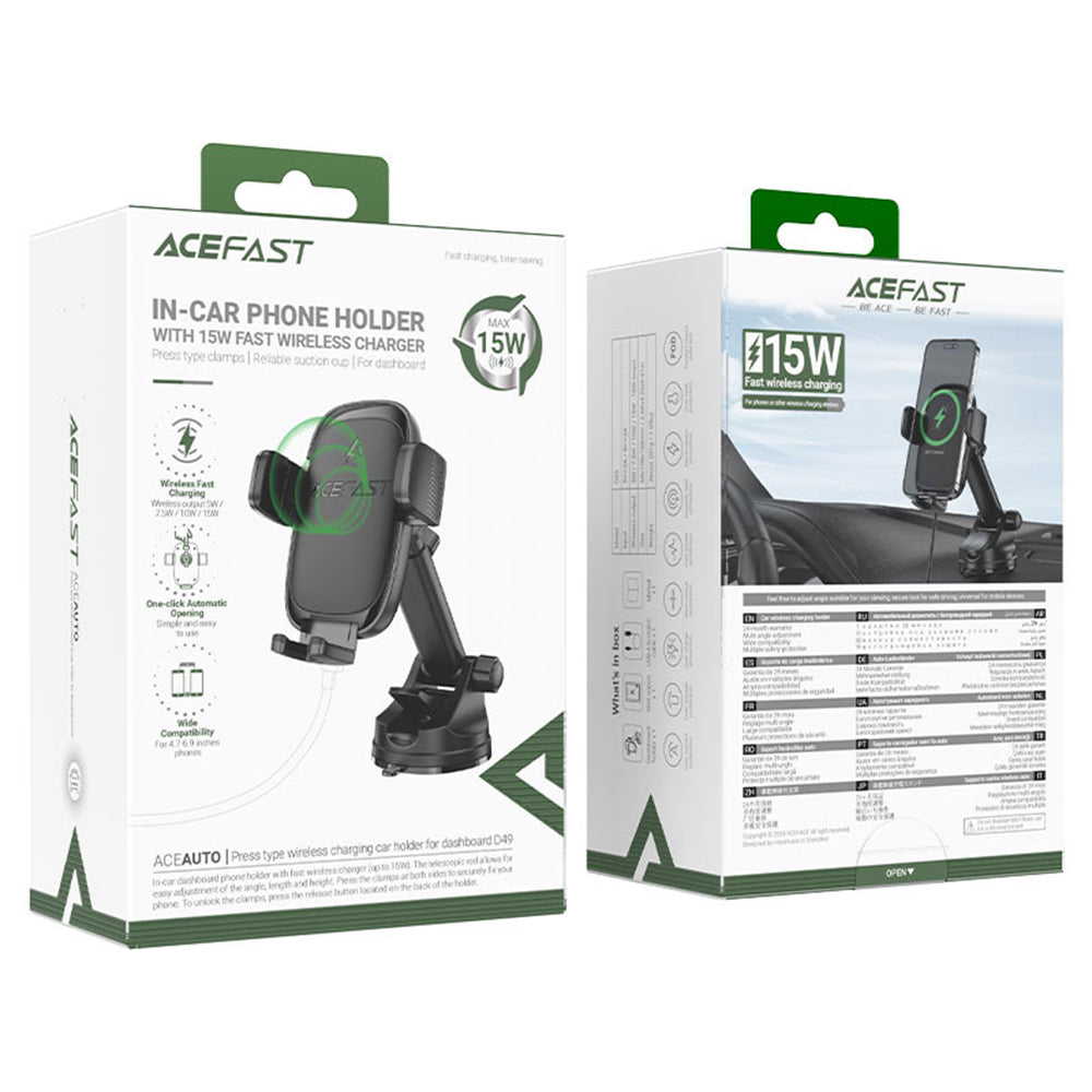 Безжично авто зарядно Acefast D49, 15W, 1.67A, Черно