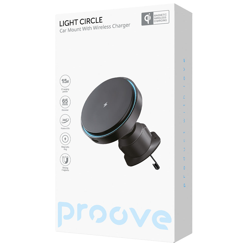 Автомобилен безжичен заряден уред Proove Light Circle, 15W, 1.67A, Черен WHLC15010001
