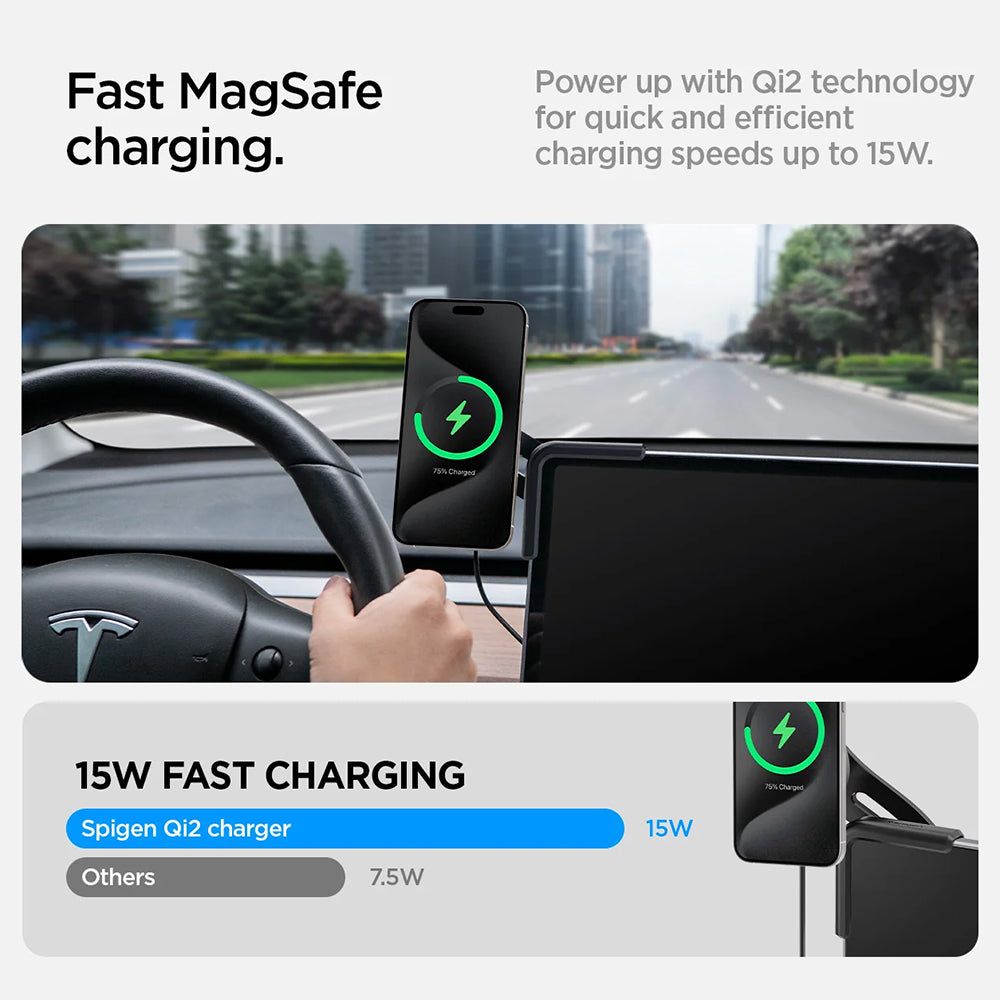 Безжично зарядно за кола Spigen за навигация Tesla, 15W, 1.67A, черно ACP07870