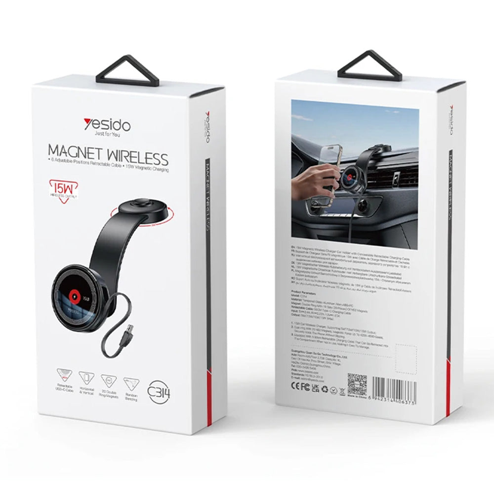 Безжично автомобилно зарядно Yesido C314, 15W, 1.67A, Черно