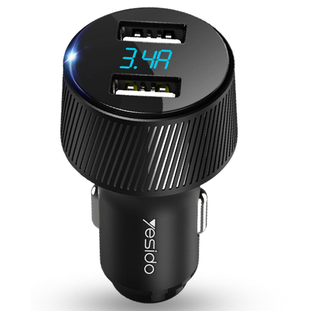Автомобилен заряден уред Yesido Y31 Display, 18W, 3A, 2 x USB-A, Черен