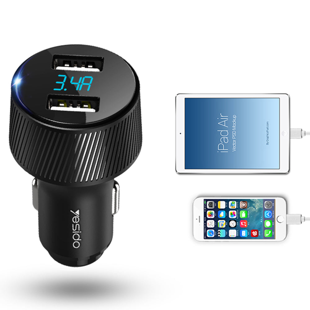 Автомобилен заряден уред Yesido Y31 Display, 18W, 3A, 2 x USB-A, Черен