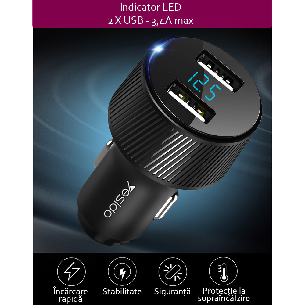 Автомобилен заряден уред Yesido Y31 Display, 18W, 3A, 2 x USB-A, Черен