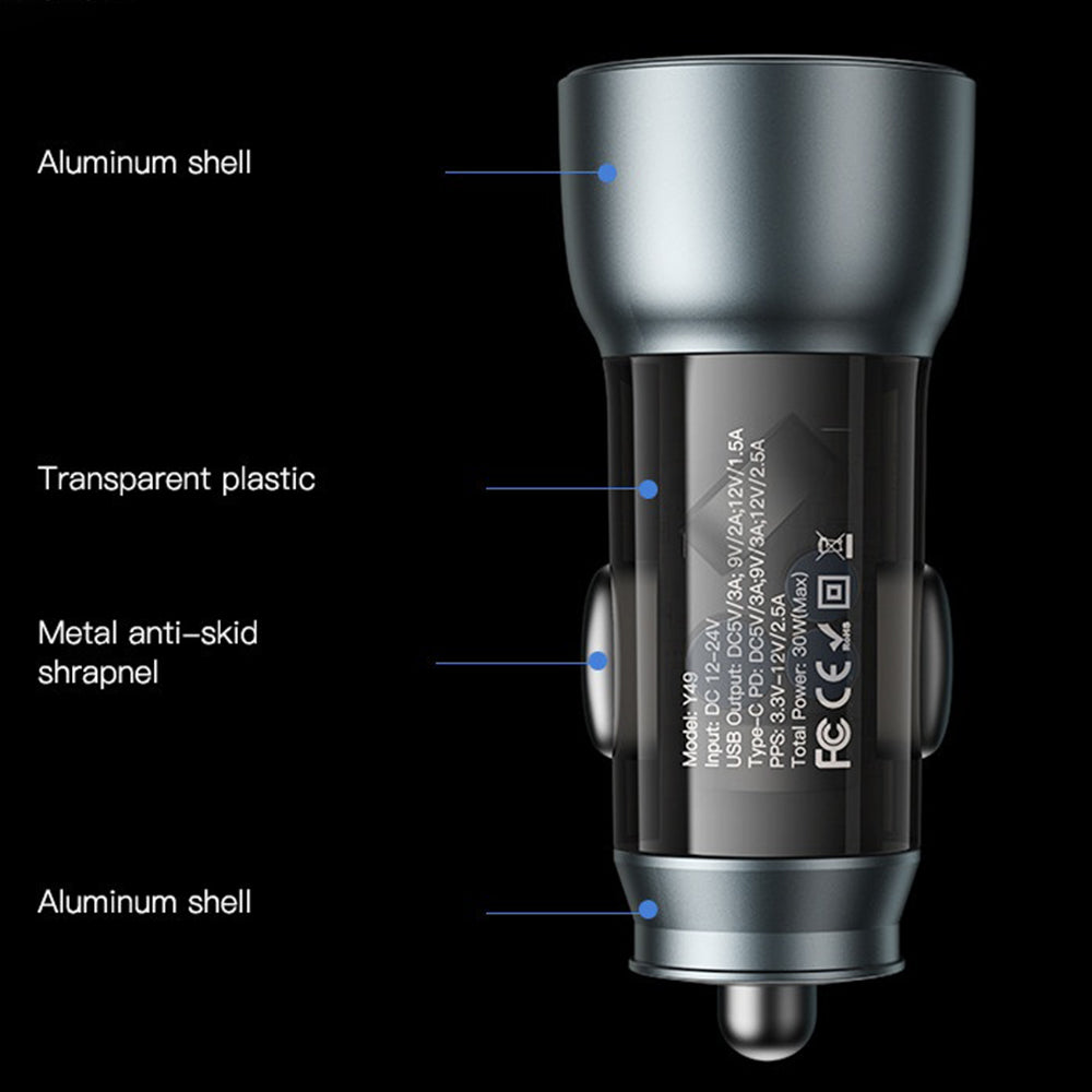 Автомобилен заряден уред Yesido Y49, 30W, 3A, 1 x USB-A - 1 x USB-C, Сив