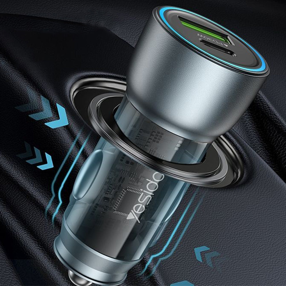 Автомобилен заряден уред Yesido Y49, 30W, 3A, 1 x USB-A - 1 x USB-C, Сив