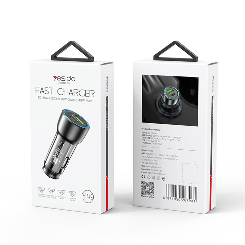 Автомобилен заряден уред Yesido Y49, 30W, 3A, 1 x USB-A - 1 x USB-C, Сив