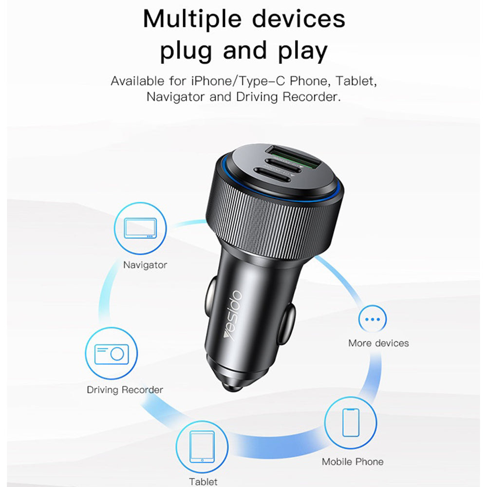 Автомобилен заряден уред Yesido Y50, 60W, 3A, 1 x USB-A - 2 x USB-C, Черен