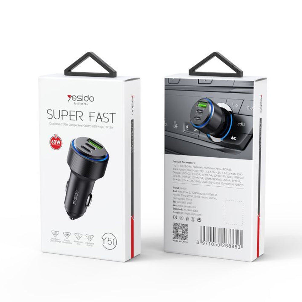 Автомобилен заряден уред Yesido Y50, 60W, 3A, 1 x USB-A - 2 x USB-C, Черен