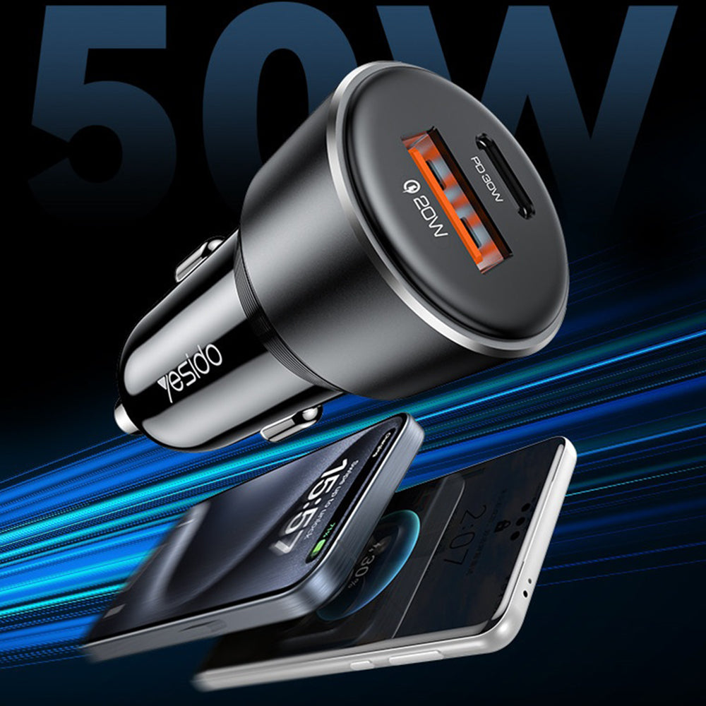 Автомобилен заряден устройство Yesido Y64, 50W, 3A, 1 x USB-A - 1 x USB-C, Черен