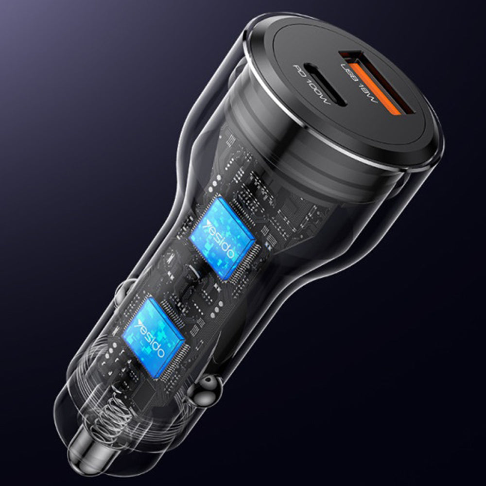 Автомобилен заряден уред Yesido Y65, 100W, 5A, 1 x USB-A - 1 x USB-C, Черен