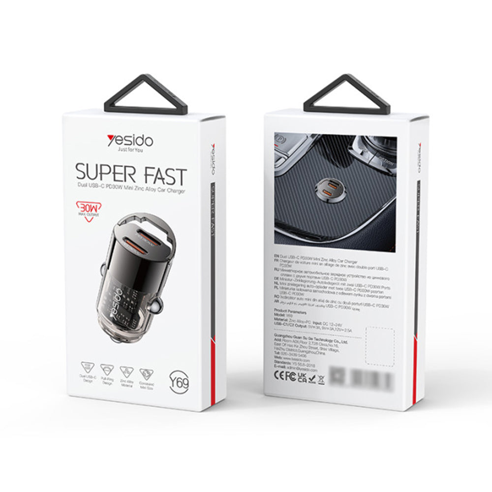 Автомобилен заряден уред Yesido Y69, 30W, 3A, 2 x USB-C, Черен