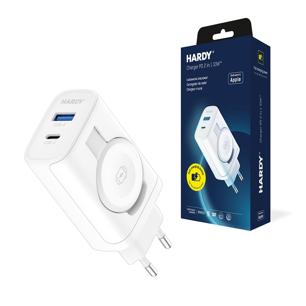 Зарядно устройство за мрежа 3MK Hardy 2in1, 33W, 3A, 1 x USB-A - 1 x USB-C, Бяло
