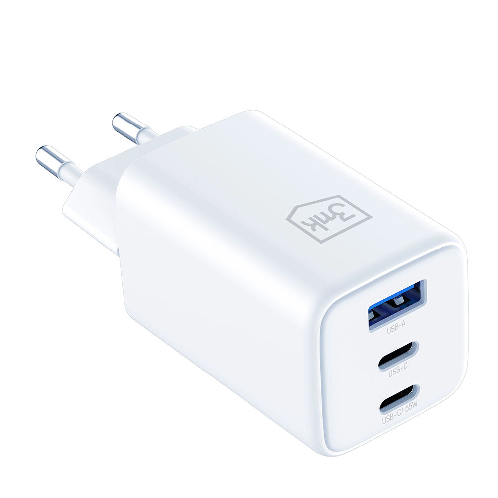 Зарядно устройство за мрежа 3MK Hyper, 65W, 3.25A, 1 x USB-A - 2 x USB-C, Бяло