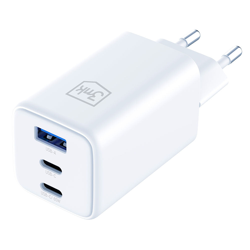Зарядно устройство за мрежа 3MK Hyper, 65W, 3.25A, 1 x USB-A - 2 x USB-C, Бяло