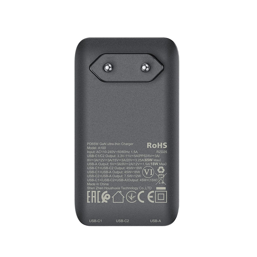 Зарядно устройство за мрежа Acefast A100, 65W, 3.25A, 1 x USB-A - 2 x USB-C, Черно