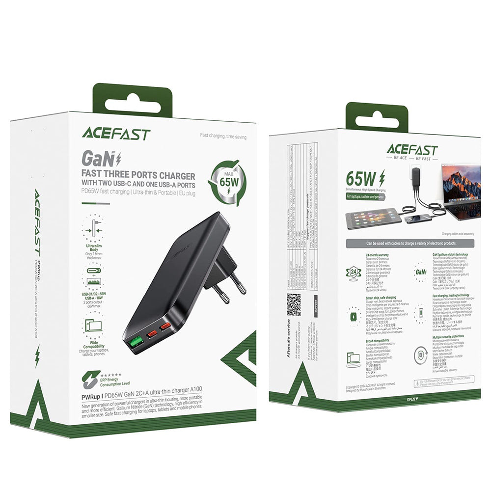Зарядно устройство за мрежа Acefast A100, 65W, 3.25A, 1 x USB-A - 2 x USB-C, Черно