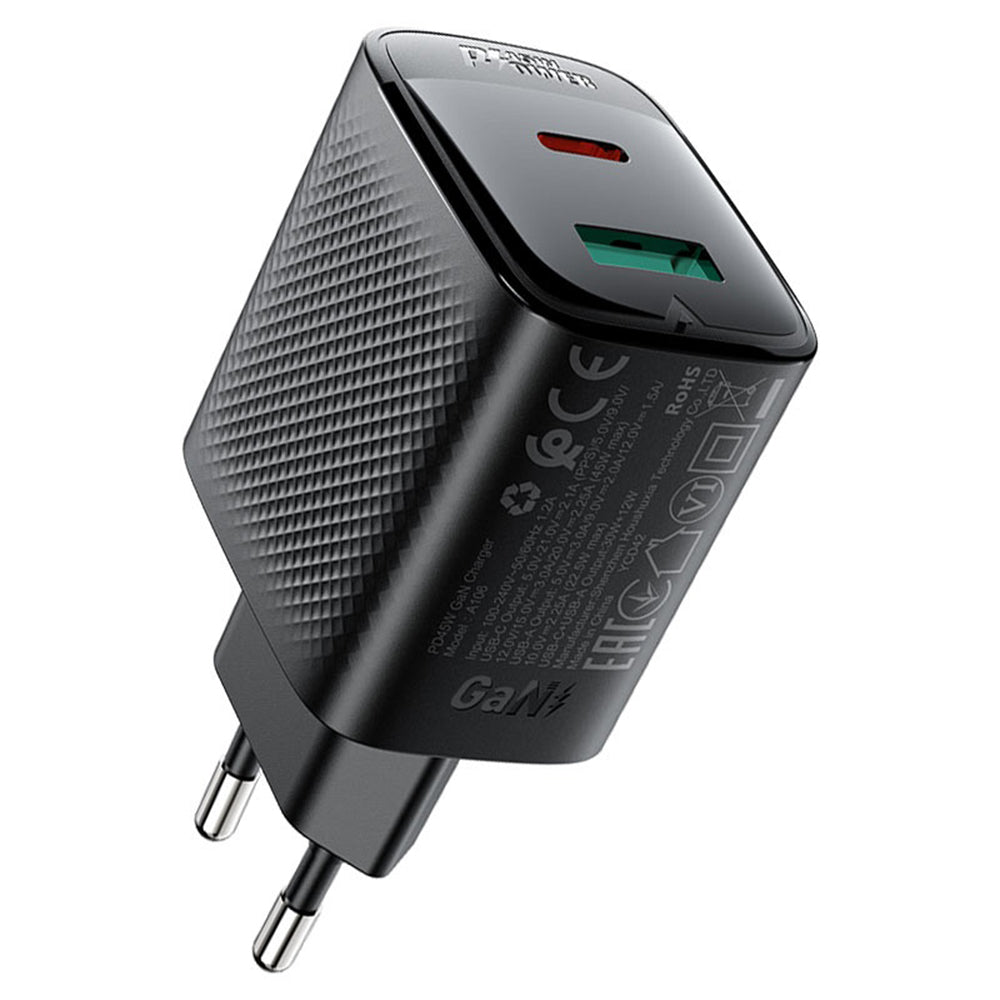 Зарядно за мрежа Acefast A106, 45W, 3A, 1 x USB-A - 1 x USB-C, Черно