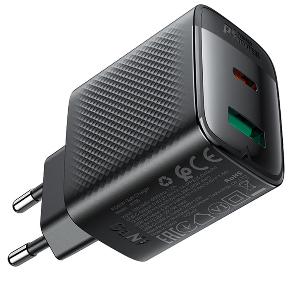 Зарядно за мрежа Acefast A106, 45W, 3A, 1 x USB-A - 1 x USB-C, Черно