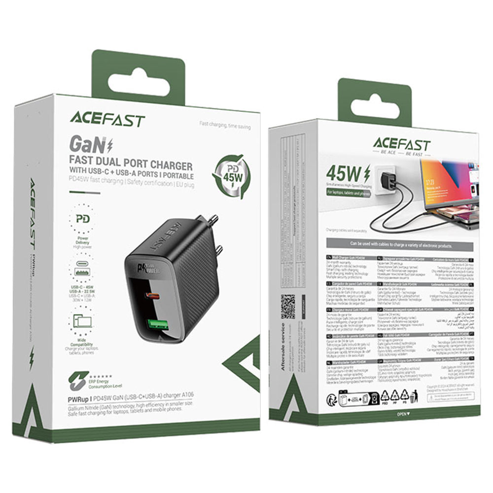 Зарядно за мрежа Acefast A106, 45W, 3A, 1 x USB-A - 1 x USB-C, Черно