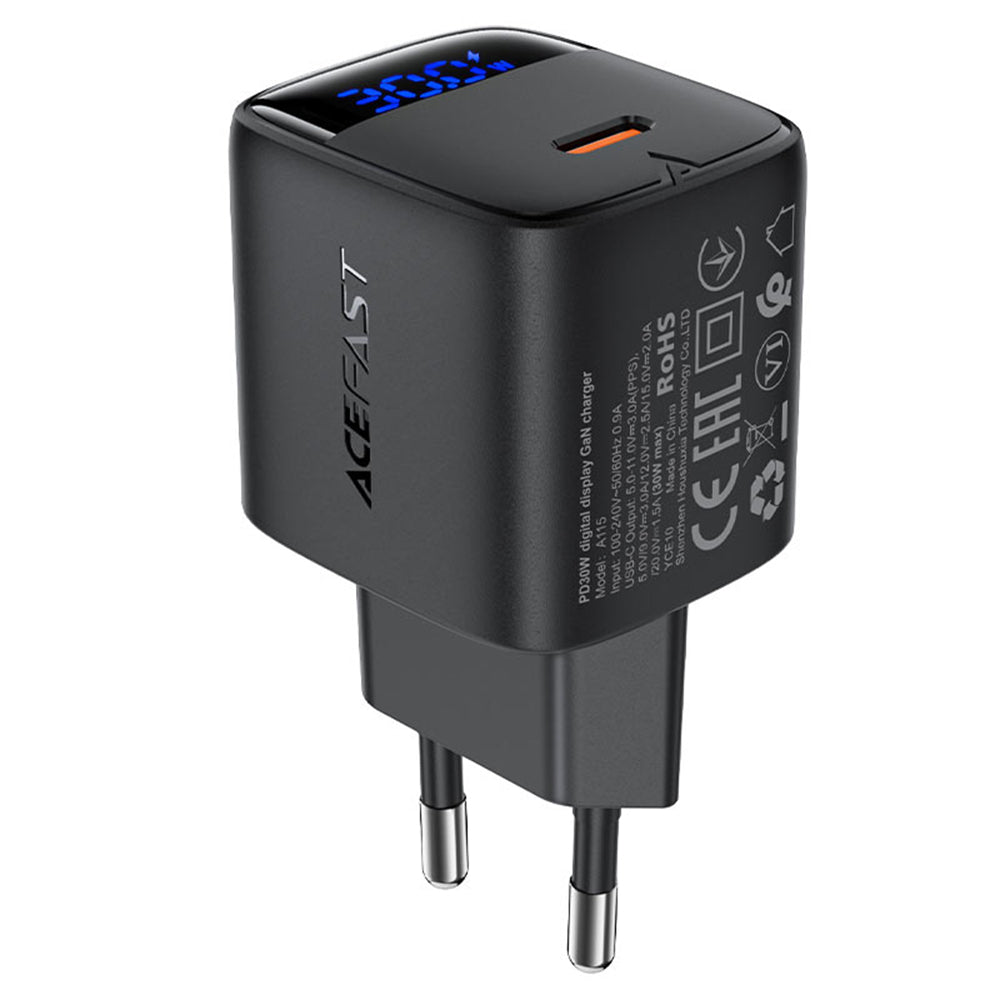 Зарядно устройство за мрежа Acefast A115 Display, 30W, 3A, 1 x USB-C, Черно