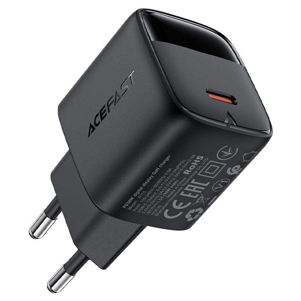 Зарядно устройство за мрежа Acefast A115 Display, 30W, 3A, 1 x USB-C, Черно