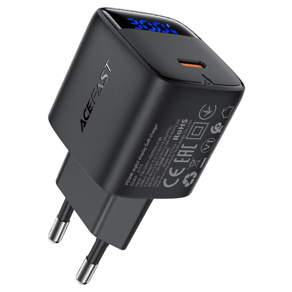 Зарядно устройство за мрежа Acefast A115 Display, 30W, 3A, 1 x USB-C, Черно