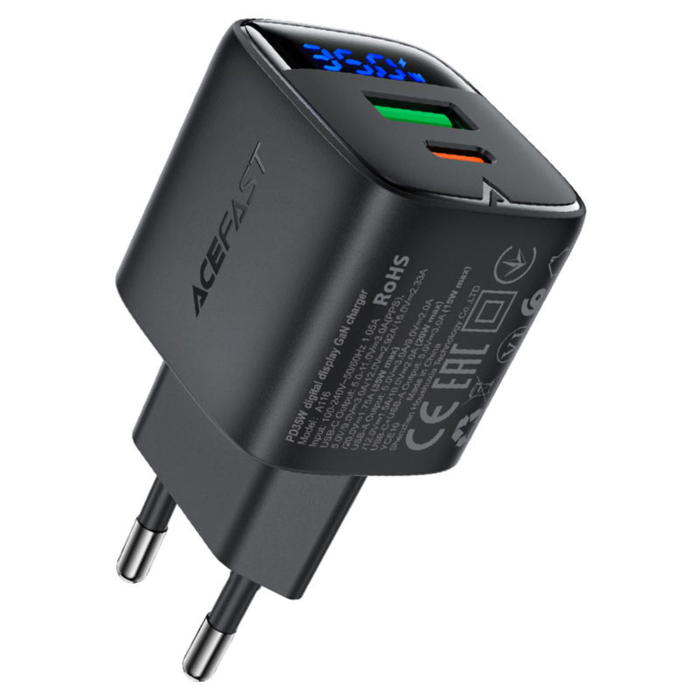 Зарядно за мрежа Acefast A116 Display, 35W, 3A, 1 x USB-A - 1 x USB-C, Черно