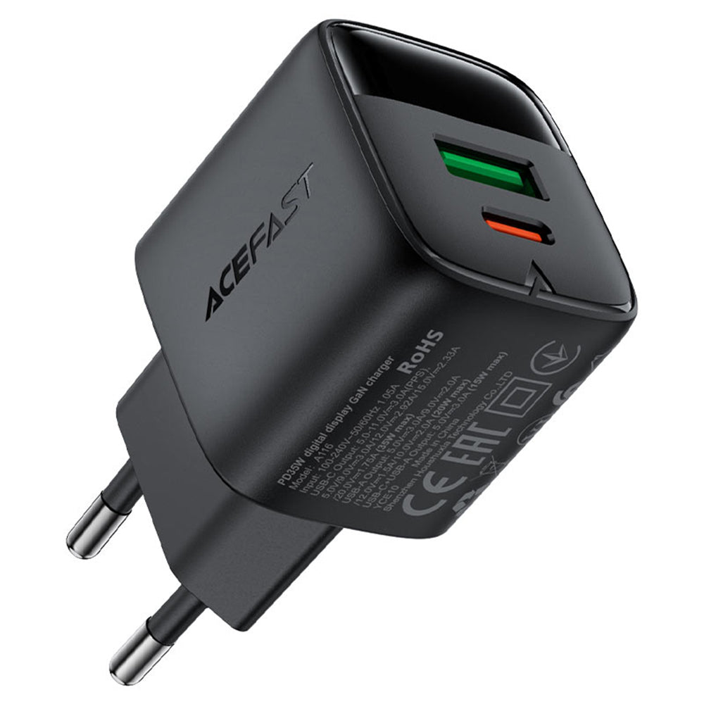 Зарядно за мрежа Acefast A116 Display, 35W, 3A, 1 x USB-A - 1 x USB-C, Черно