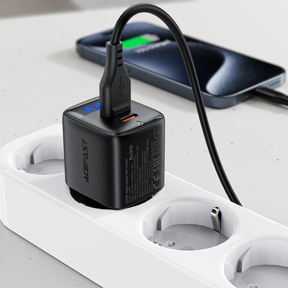Зарядно за мрежа Acefast A116 Display, 35W, 3A, 1 x USB-A - 1 x USB-C, Черно