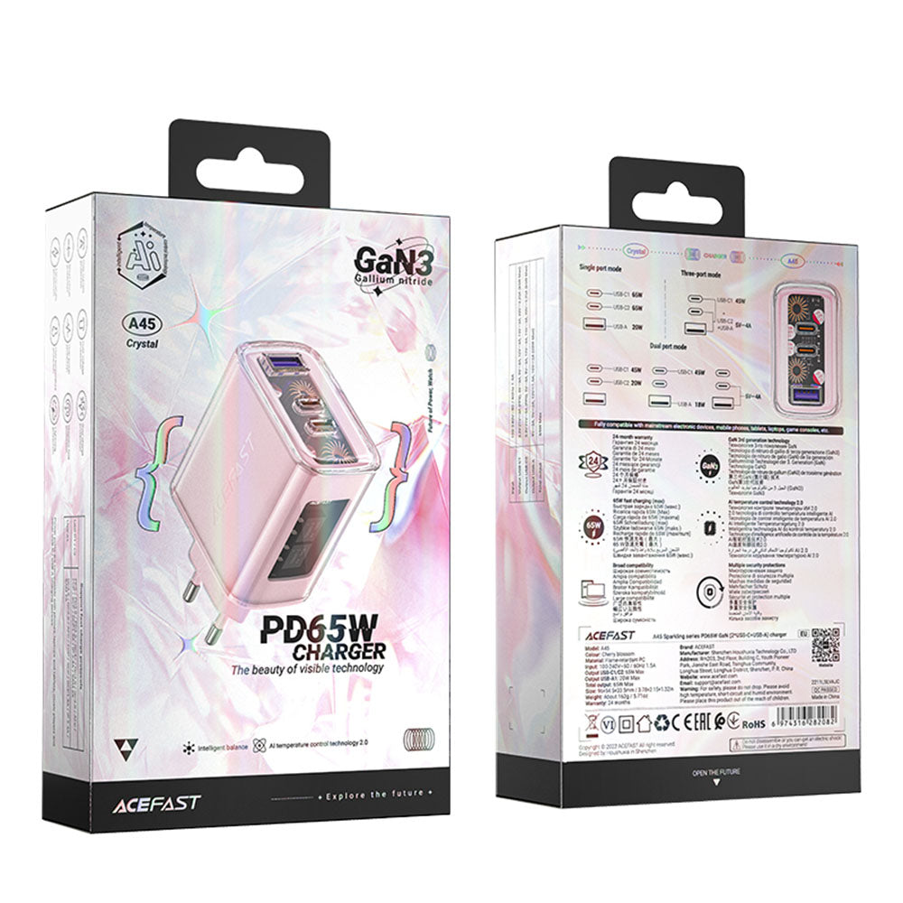 Мрежово зарядно Acefast A45 Exploration, 65W, 3.25A, 1 x USB-A - 2 x USB-C, Розово