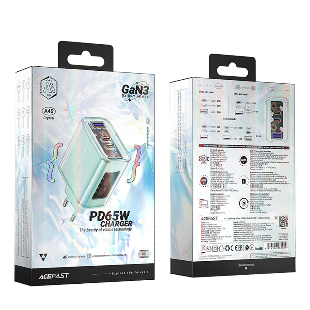 Зарядно устройство за мрежа Acefast A45 Exploration, 65W, 3.25A, 1 x USB-A - 2 x USB-C, Зелено