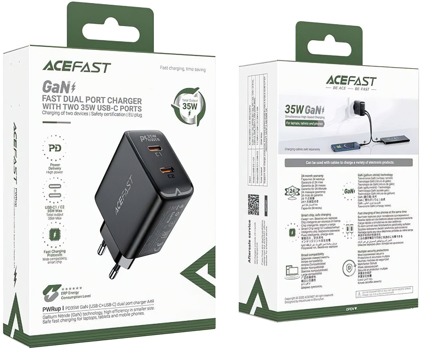 Мрежово зарядно устройство Acefast A49, 35W, 3A, 2 x USB-C, черно